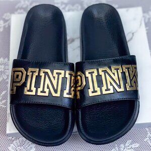 Victoria’s Secret Pink Single Strap Slides Sandals Black & Gold